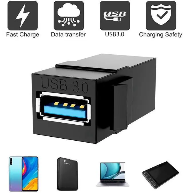 Alt view image 6 of 7 - USB 3.0 Keystone Jack Inserts, 5pcs USB to USB Adapters Female to Female Connector ,Female Coupler Insert Snap-in Connector Socket Adapter Port for Wall Plate Outlet Panel (Black - 5 Pack)