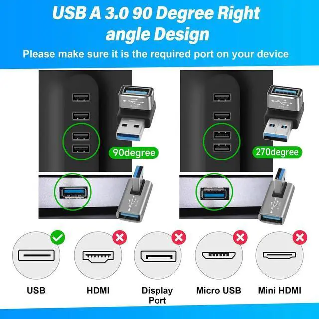 Alt view image 2 of 6 - 90 Degree USB 3.0 Adapter 4 Pack, Up and Down & Left and Right Right Angle USB A Male to Female Connector Converter USB L Shape Extender, Support Charge & Data Sync for PC, Laptop, Mouse, Keyboard