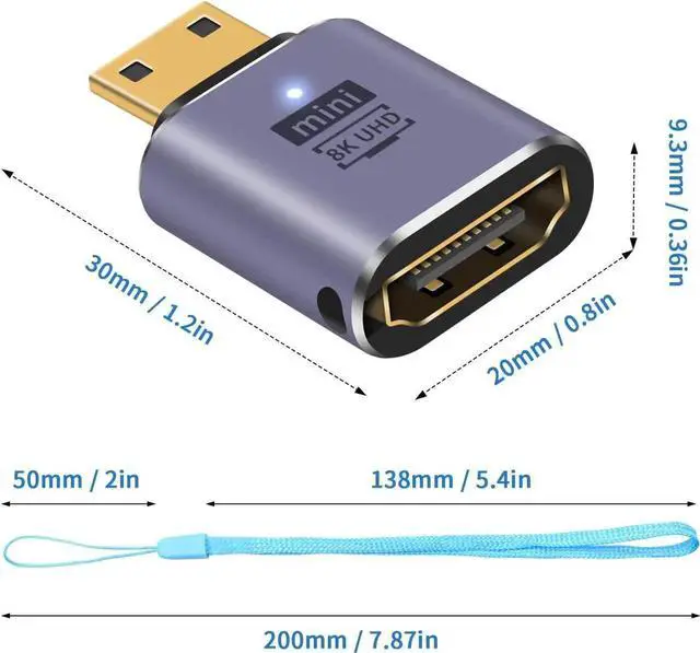 Alt view image 7 of 7 - HDMI to Mini HDMI Adapter, 48Gbps, Supports 8K@60Hz, 4K@120Hz, 3D, ARC, Portable, PVC with LED Indicator Compatible for Camera, Camcorder, DSLR (Male to Female) - 2 Pack
