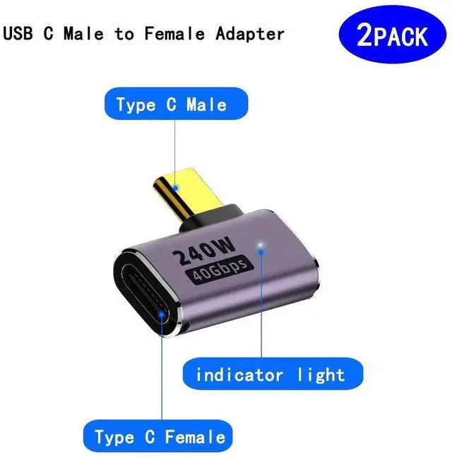 Alt view image 2 of 5 - Right Angle USB C Male to Female Adapter Extender .Type C Coupler with PD 240W 40 Gbps 8K/60hz Video Compatible for Thunderbolt 4/3, MacBook Pro/Air, Laptop, Tablet, Phone