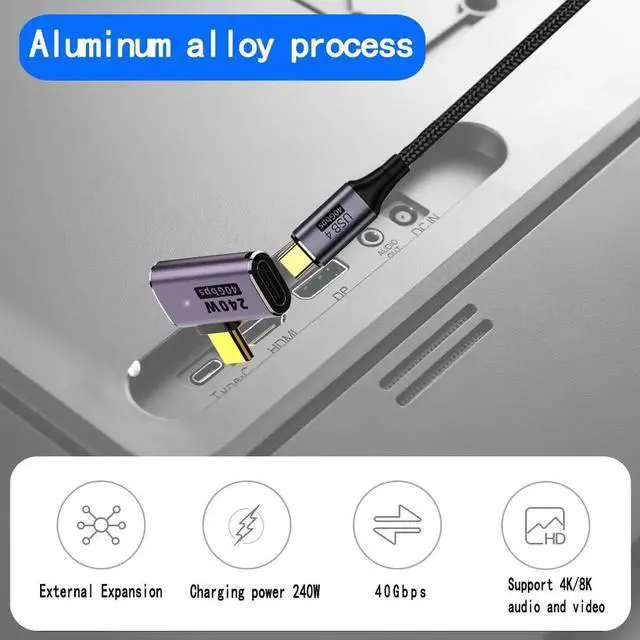 Alt view image 4 of 5 - Right Angle USB C Male to Female Adapter Extender .Type C Coupler with PD 240W 40 Gbps 8K/60hz Video Compatible for Thunderbolt 4/3, MacBook Pro/Air, Laptop, Tablet, Phone