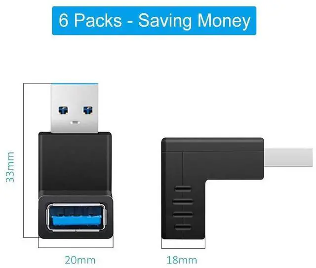 Alt view image 7 of 7 - 90 Degree USB 3.0 Adapter 6 Pack - Right Angle Male to Female Up/Down/Left/Right Connector - L Shaped Extension for PC, Laptop, Charger and More