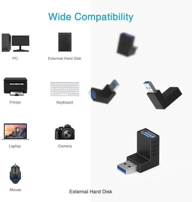 Alt view image 2 of 7 - 90 Degree USB 3.0 Adapter 6 Pack - Right Angle Male to Female Up/Down/Left/Right Connector - L Shaped Extension for PC, Laptop, Charger and More