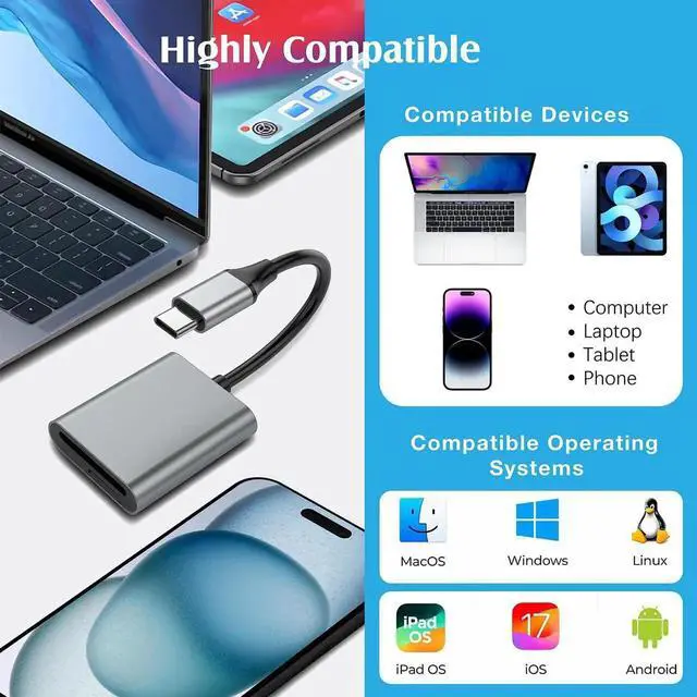 Alt view image 6 of 7 - USB C SD TF Card Reader, 2-in-1 Micro SD Memory Card Reader for TF SD/Micro SD/SDHC/SDXC/MMC/Card, USB 3.0 SD Card Reader Type C Compatible with iPhone 15, Samsung Galaxy, MacBook, iPad, Camera