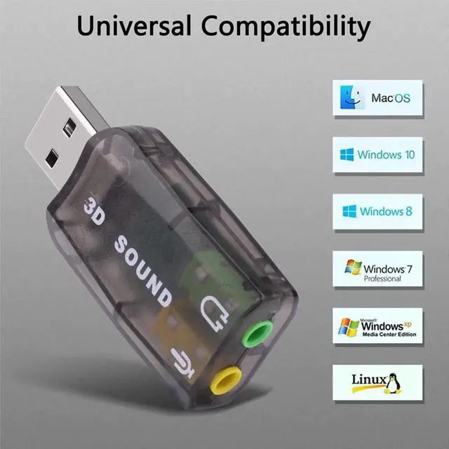 Alt view image 6 of 6 - USB 3D Sound Card, 5.1 USB External Stereo Sound Card with 3.5mm Headphone and Microphone Jack Converter for Windows, Mac, Linux, PC, Laptop, Desktop (Blue)