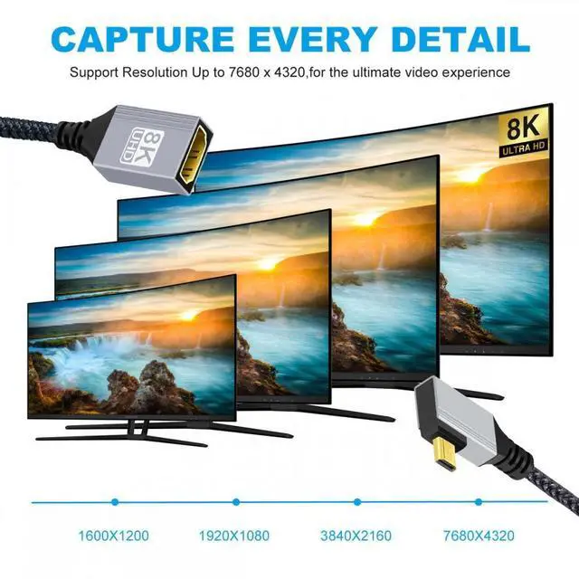 Alt view image 3 of 5 - 8K Type-D Micro HDMI 2.1 Male Right Angled 90 Degree to HDMI Female Extension HDTV Cable for DV Camera Laptop Portable Monitor