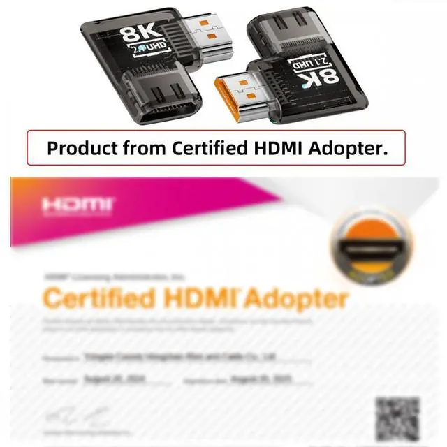 Alt view image 2 of 5 - Left Angled 90 Degree Horizontal HDMI Male to HDMI 2.1 Female UHD Extension Adapter Extender Transparent with Smart LED 8K 60hz HDTV