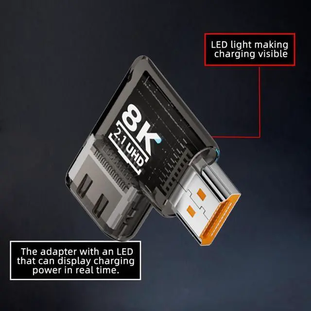 Alt view image 5 of 5 - Left Angled 90 Degree Horizontal HDMI Male to HDMI 2.1 Female UHD Extension Adapter Extender Transparent with Smart LED 8K 60hz HDTV