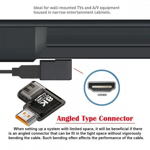 Alt view image 3 of 5 - Left Angled 90 Degree Horizontal HDMI Male to HDMI 2.1 Female UHD Extension Adapter Extender Transparent with Smart LED 8K 60hz HDTV