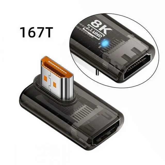 Main image of Left Angled 90 Degree Low Profile HDMI Male to HDMI 2.1 Female UHD Extension Adapter Extender Transparent with Smart LED 8K 60hz HDTV