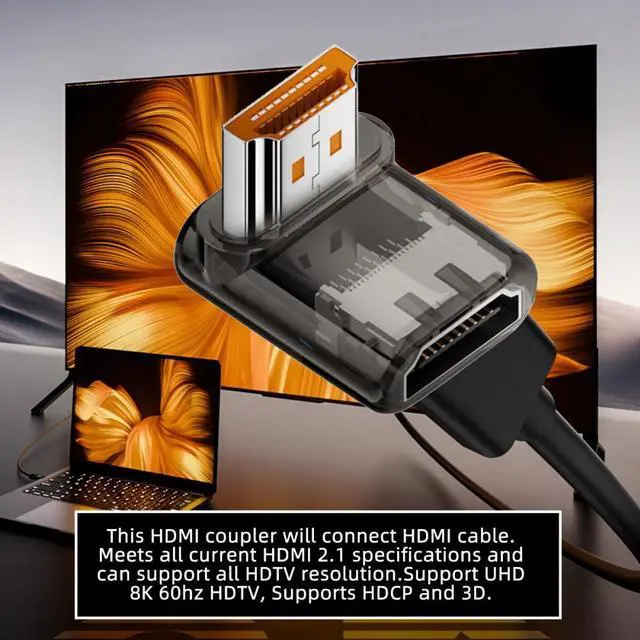 Alt view image 2 of 5 - Down Angled 90 Degree Low Profile HDMI Male to HDMI 2.1 Female UHD Extension Adapter Extender Transparent with Smart LED 8K 60hz HDTV