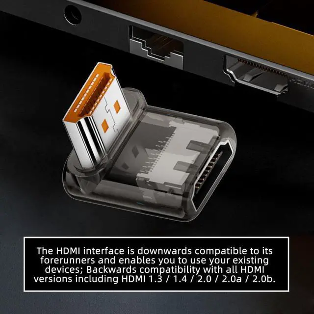 Alt view image 5 of 5 - Down Angled 90 Degree Low Profile HDMI Male to HDMI 2.1 Female UHD Extension Adapter Extender Transparent with Smart LED 8K 60hz HDTV