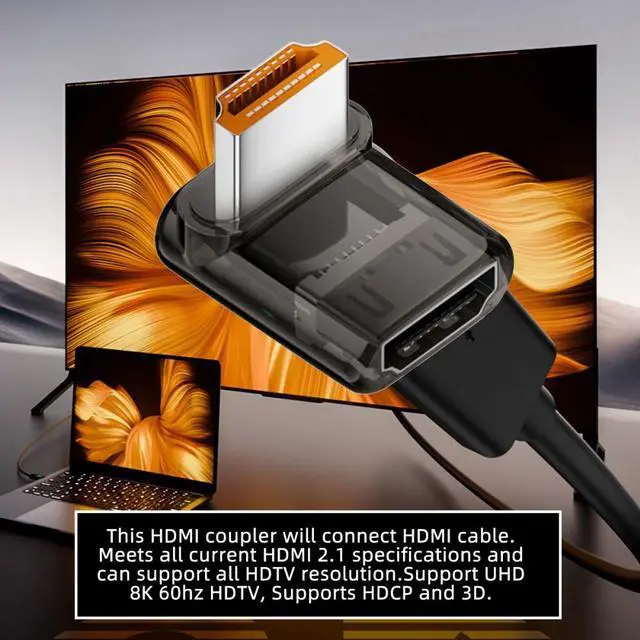 Alt view image 5 of 5 - Up Angled 90 Degree Low Profile HDMI Male to HDMI 2.1 Female UHD Extension Adapter Extender Transparent with Smart LED 8K 60hz HDTV