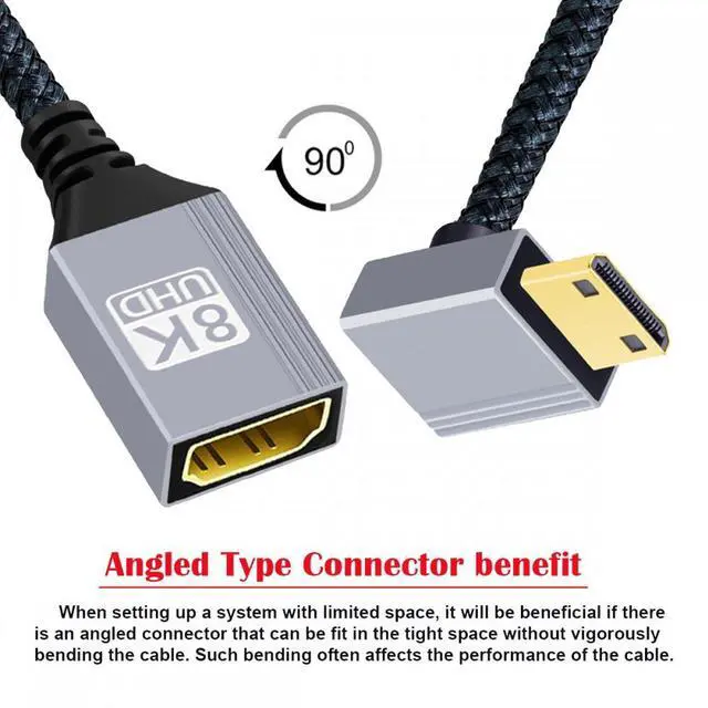 Alt view image 3 of 5 - 8K Type-C Mini HDMI 2.1 Male 90 Degree Down Angled to HDMI Female Extension HDTV Cable for DV Camera Laptop Portable Monitor