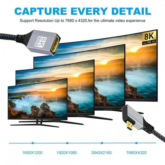 Alt view image 4 of 5 - 8K Type-D Micro HDMI 2.1 Male Left Angled 90 Degree to HDMI Female Extension HDTV Cable for DV Camera Laptop Portable Monitor