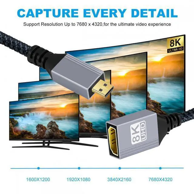 Alt view image 5 of 5 - 8K Type-D Micro HDMI 2.1 Male to HDMI Female Extension HDTV Cable for DV Camera Laptop Portable Monitor