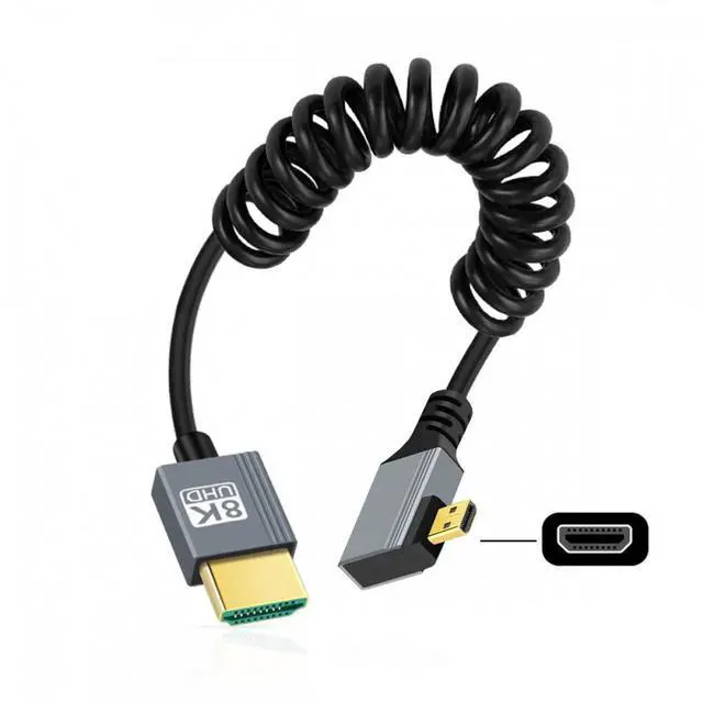Main image of 90 Degree Left Angled Micro HDMI 2.1 Male Type-D to HDMI Male 8K 60hz Stretch Coiled Cable 100cm for HDTV Camera Laptop Monitor