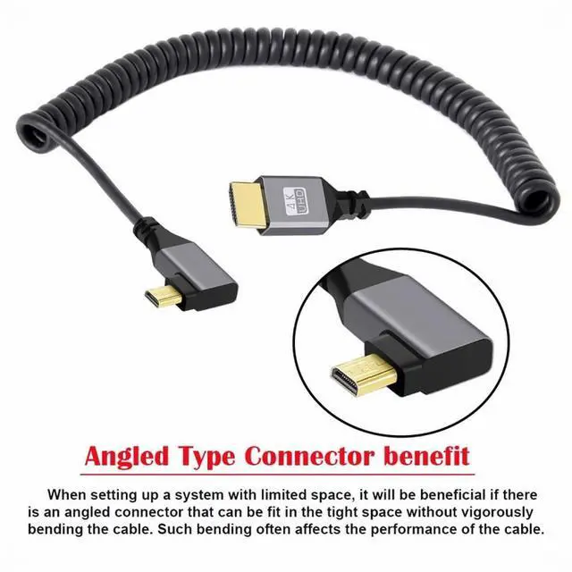 Alt view image 4 of 5 - Micro HDMI 2.0 Male to HDMI Male 4K 60hz Stretch Coiled Cable Left Angled 90 Degree for HDTV Computer Laptop Monitor