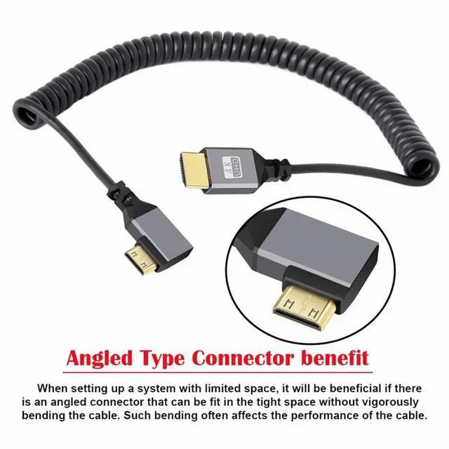 Alt view image 5 of 5 - Mini HDMI 2.0 Male to HDMI Male 4K 60hz Stretch Coiled Cable Left Angled 90 Degree for HDTV Computer Laptop Monitor