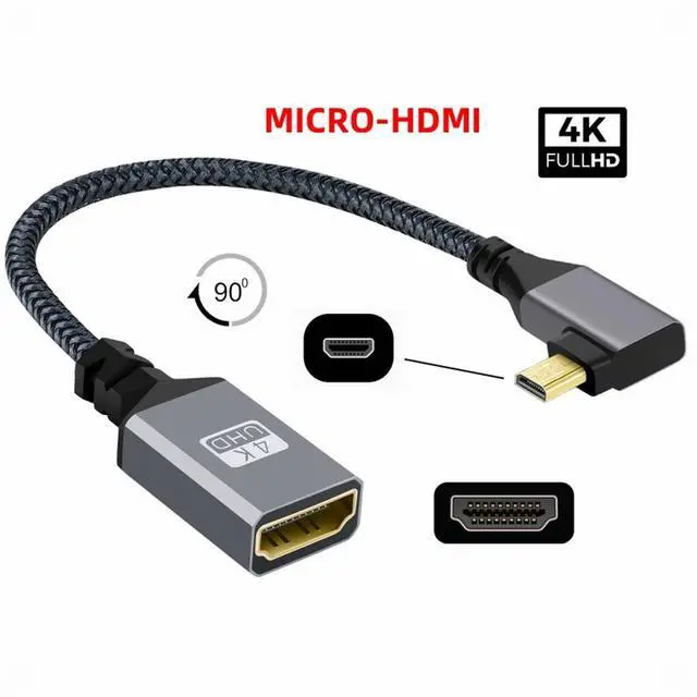 Alt view image 2 of 5 - 4K Type-D Micro HDMI 1.4 Male 90 Degree Left Angled to HDMI Female Extension Cable for DV MP4 Camera DC Laptop