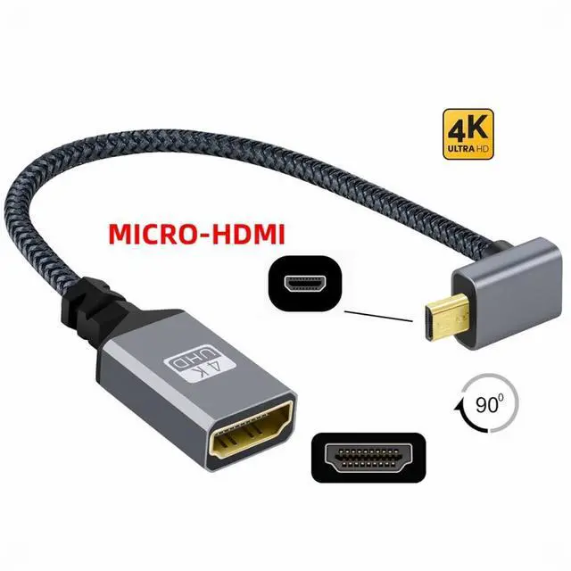 Alt view image 2 of 5 - 4K Type-D Micro HDMI 1.4 Male 90 Degree Up Angled to HDMI Female Extension Cable for DV MP4 Camera DC Laptop