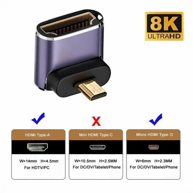 Alt view image 3 of 5 - Down Angled Micro HDMI Male to HDMI 2.1 Female UHD Extension Gold Converter Adapter Support 8K 60hz HDTV