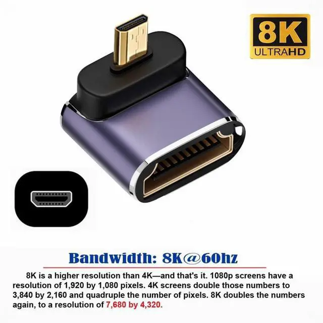 Alt view image 2 of 5 - Down Angled Micro HDMI Male to HDMI 2.1 Female UHD Extension Gold Converter Adapter Support 8K 60hz HDTV