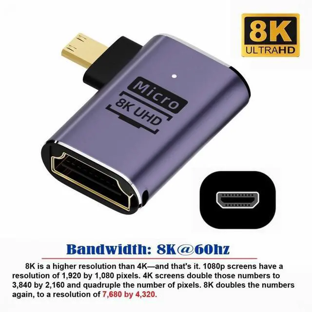 Alt view image 2 of 5 - Right Angled Micro HDMI Male to HDMI 2.1 Female UHD Extension Gold Converter Adapter Support 8K 60hz HDTV