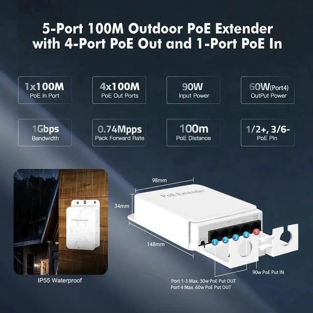 Alt view image 7 of 7 - Outdoor PoE Passthrough Switch, 1 PoE in 4 PoE Out Extender, IEEE802.3af/at/bt PoE Powered 90W, 100Mbps Ethernet, Wall Mount Waterproof Plug and Play