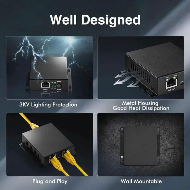 Alt view image 5 of 7 - Gigabit PoE Extender Passthrough Switch, 1 PoE in 2 PoE Out, IEEE802.3af/at PoE Powered, 10/100/1000Mbps, Metal Small Wall Mount PoE