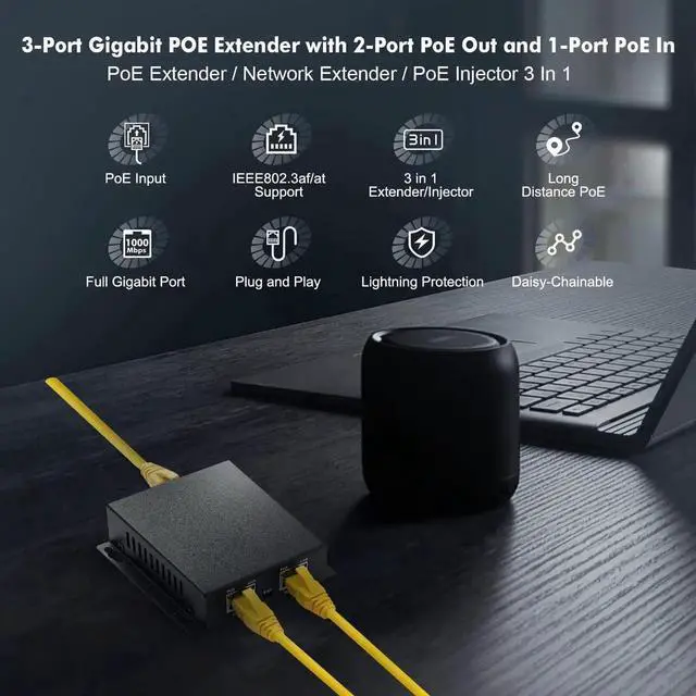 Alt view image 2 of 7 - Gigabit PoE Extender Passthrough Switch, 1 PoE in 2 PoE Out, IEEE802.3af/at PoE Powered, 10/100/1000Mbps, Metal Small Wall Mount PoE