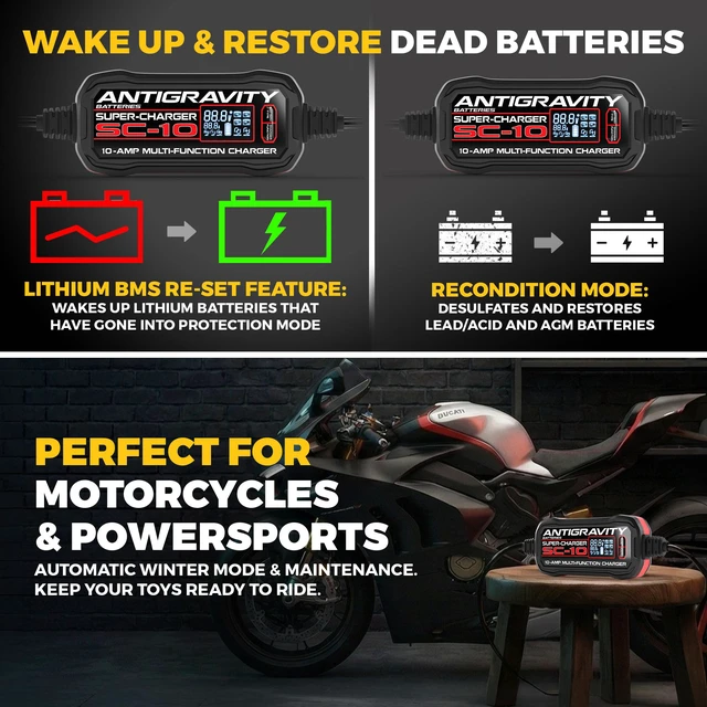 Alt view image 5 of 6 - Antigravity SC-10 Smart Battery Charger 10A 6V/12V Lithium & Lead Acid Maintainer LCD Display