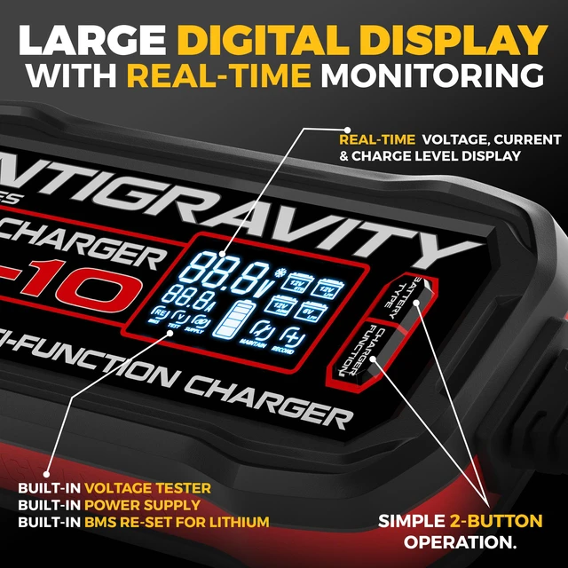 Alt view image 3 of 6 - Antigravity SC-10 Smart Battery Charger 10A 6V/12V Lithium & Lead Acid Maintainer LCD Display
