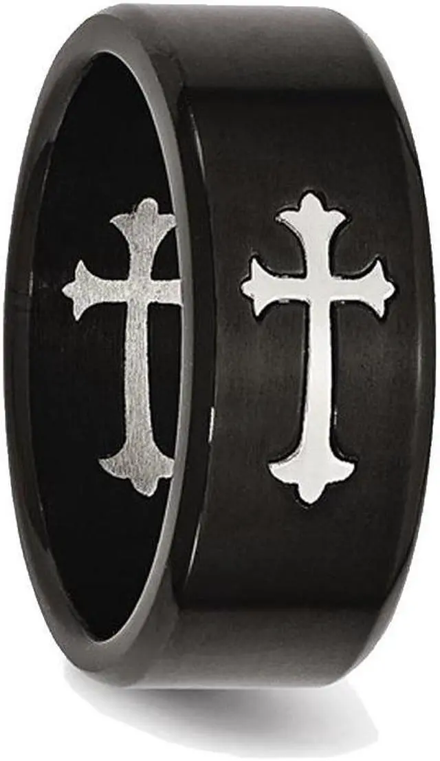 Alt view image 3 of 5 - Men's Black Plated Stainless Steel 9mm Brushed Cross Wedding Band Ring