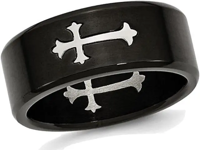 Main image of Men's Black Plated Stainless Steel 9mm Brushed Cross Wedding Band Ring
