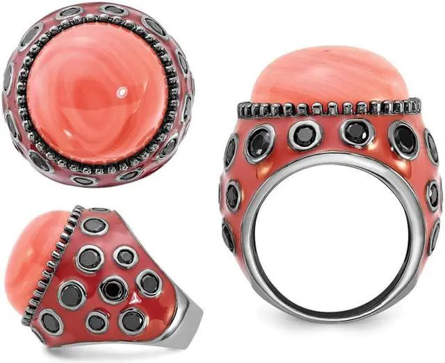 Alt view image 3 of 4 - Red Enameled Sterling Silver With Synthetic Coral and Black Synthetic Cubic Zirconias Cocktail Ring with Cubic Zirconias (CZ)