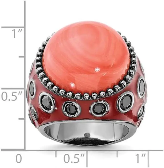 Alt view image 2 of 4 - Red Enameled Sterling Silver With Synthetic Coral and Black Synthetic Cubic Zirconias Cocktail Ring with Cubic Zirconias (CZ)
