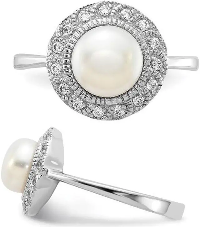 Alt view image 4 of 5 - Freshwater Cultured Pearl Ring in Sterling Silver with Synthetic Cubic Zirconia