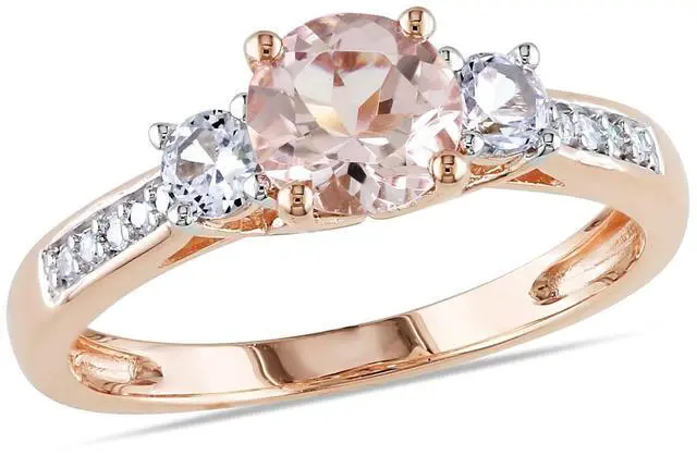 Main image of 1.20 Carat (ctw) Morganite & Lab-Created White Sapphire Three Stone Ring with Diamonds in 10K Rose Pink Gold