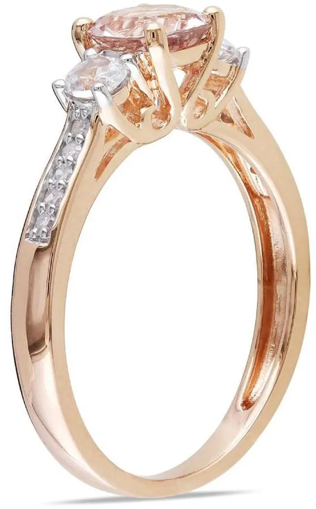 Alt view image 2 of 4 - 1.20 Carat (ctw) Morganite & Lab-Created White Sapphire Three Stone Ring with Diamonds in 10K Rose Pink Gold