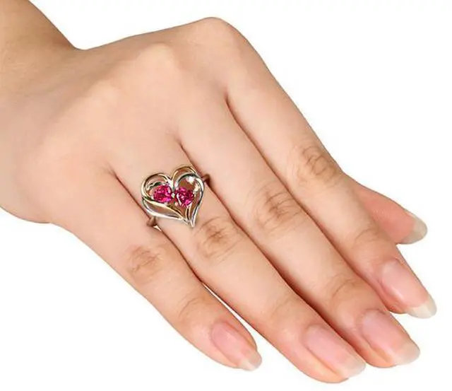 Alt view image 3 of 4 - 1.10 Carat (ctw) Lab-Created Ruby Heart Ring with Diamonds in Sterling Silver with Yellow Plating