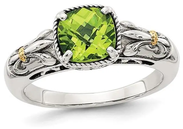Main image of Natural Cushion Cut Peridot 1.50 Carat (ctw) Ring in Sterling Silver with 14K Gold Accent
