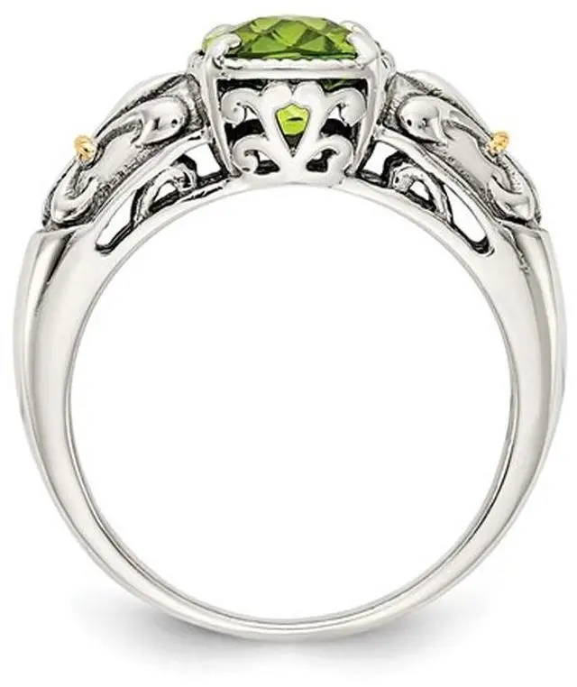 Alt view image 2 of 5 - Natural Cushion Cut Peridot 1.50 Carat (ctw) Ring in Sterling Silver with 14K Gold Accent