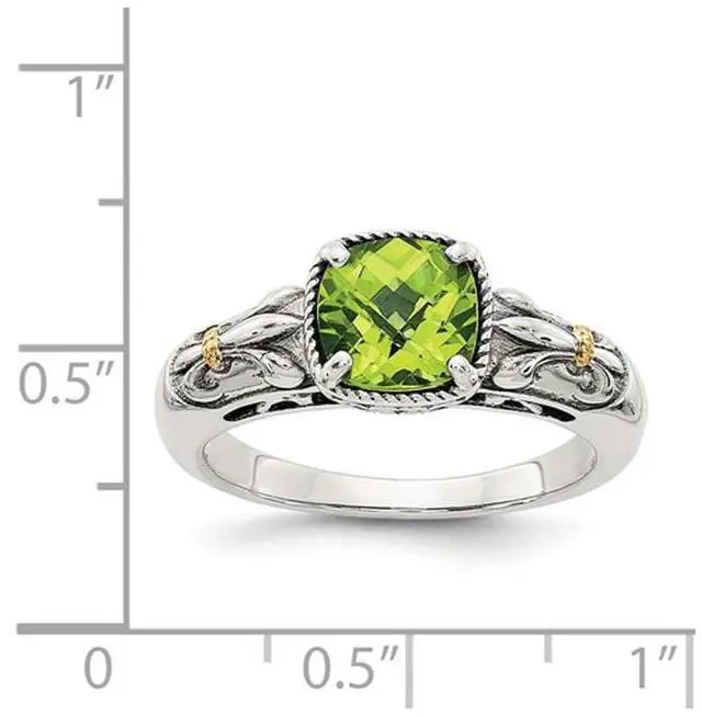 Alt view image 4 of 5 - Natural Cushion Cut Peridot 1.50 Carat (ctw) Ring in Sterling Silver with 14K Gold Accent