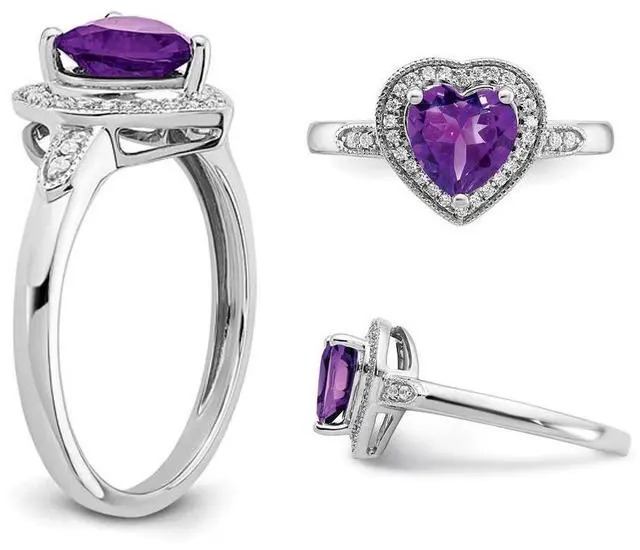 Alt view image 3 of 4 - 1.45 Carat (ctw) Amethyst Heart Ring in 14K White Gold with Diamonds
