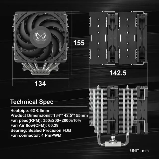 Alt view image 5 of 7 - Scythe Magoroku Full Straight up Dual Tower Twin Fan CPU Air Cooler, Intel LGA1700, LGA1151, AMD AM5, AM4 Support,120mm wideness, Ø6mm x 6 Heat pipes thermal exhaust, quiet bearing fans, 370K hrs MTTF