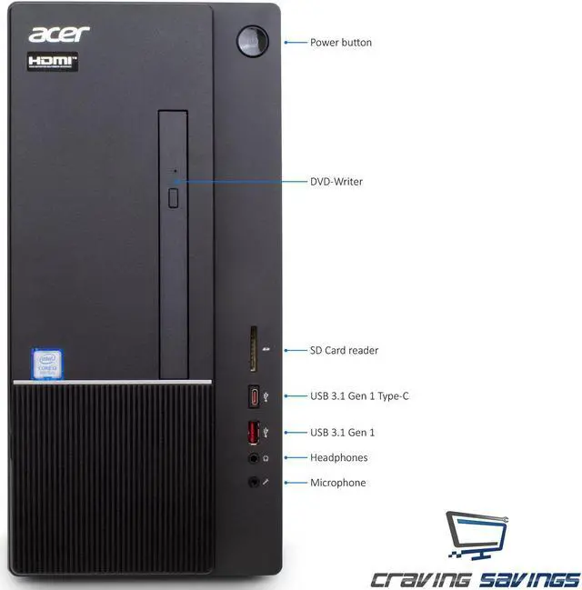 Alt view image 3 of 7 - Acer Aspire TC Series Destop, Intel 6-Core i5-8400 Upto 4.0GHz, 8GB DDR4, 256GB SSD, DVD-RW, VGA, HDMI, USB, Card Reader, Wi-Fi, Bluetooth, Windows 10 Professional 64Bit