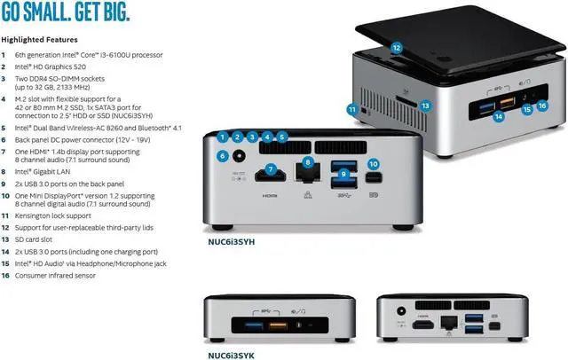 Alt view image 7 of 7 - Intel NUC Desktop/HTPC 6th Generation Intel Dual-Core i3 2.3GHz, 16GB DDR4, 512GB SSD, Wifi, Bluetooth, 4K Capable, Dual Monitor Capable, Windows 10 Professional 64Bit
