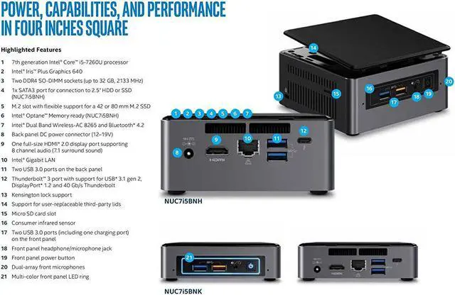 Alt view image 5 of 5 - Intel NUC NUC7i5BNK Mini PC/HTPC, Intel Core i5-7260U Upto 3.4GHz, 8GB DDR4, 256GB SSD, Windows 10 Pro, Wifi, Bluetooth, 4k Support, Dual Monitor Capable, Thunderbolt 3
