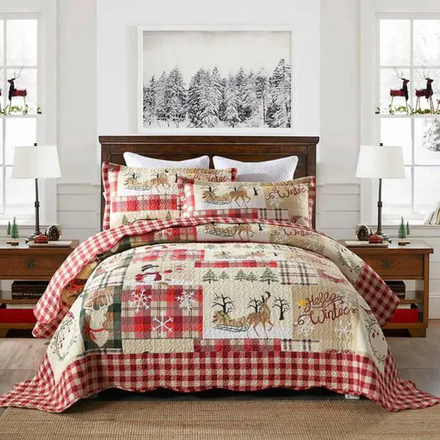 Main image of Ventray Christmas Quilt Set Queen - Reversible Bedspread Coverlet Christmas Rustic Cabin Lodge  Bedding Lightweight Bed Cover - Holiday Bedding Gift for Kids Adults, 1 Quilt 2 Pillow Shams